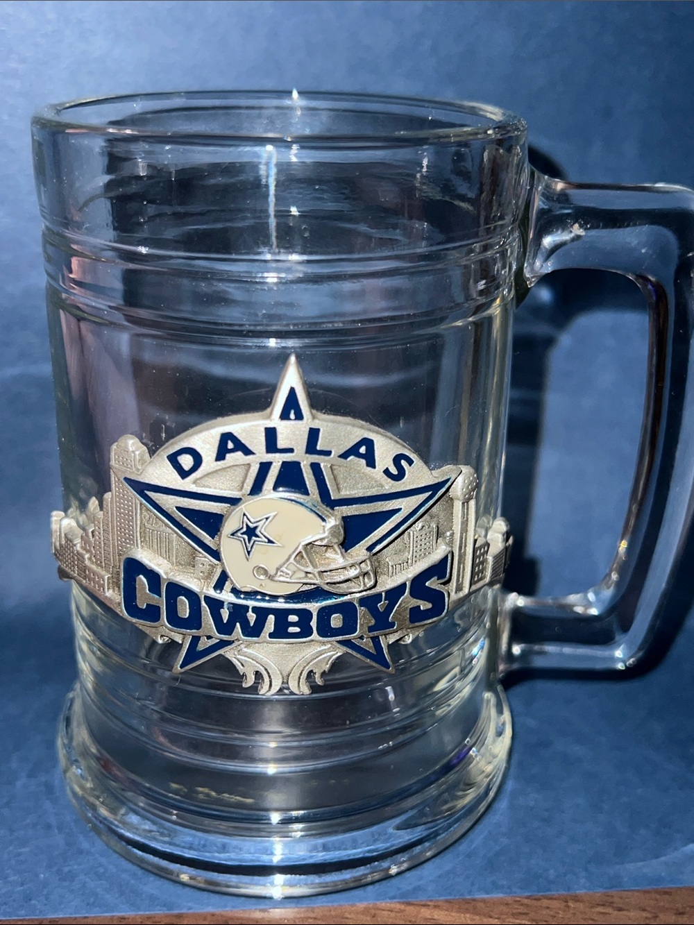 Vintage Dallas Cowboys Clear Glass Beer Mug Stein with 3D Pewter Emblem